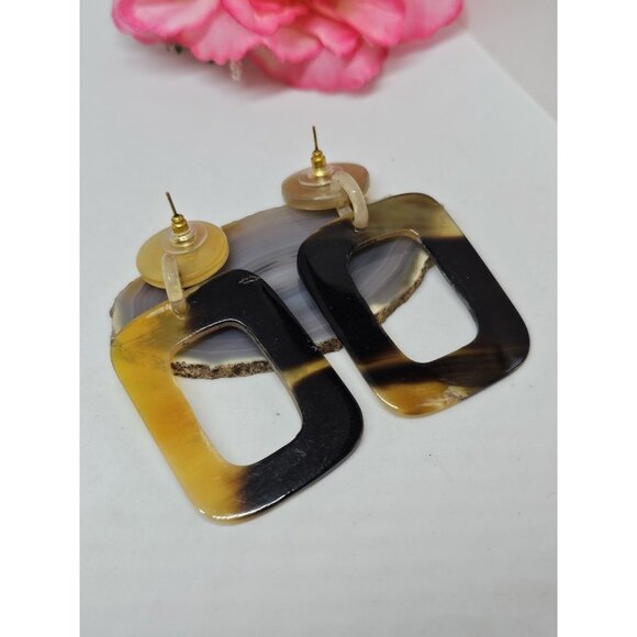 BUFFALO HORN Rectangle Dangle Drop Stud Statement EARRINGS Brown White Beige - Picture 2 of 10